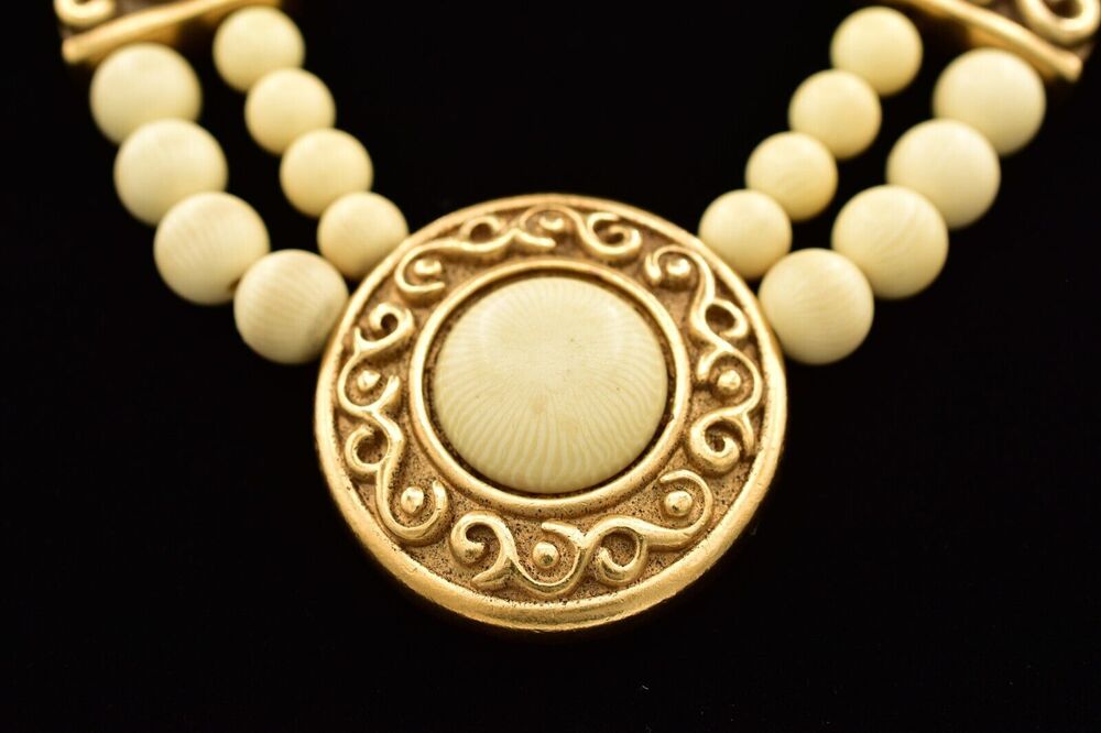 Napier Vintage Collar Necklace Heavy Beaded Off White Antiqued Gold Signed Bin3D